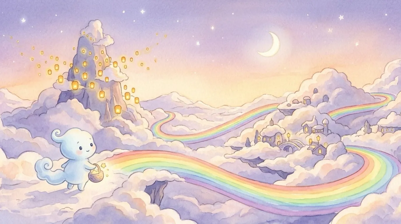 Wide establishing shot of the pastel cloud kingdom at golden twilight: cloud hills, the glowing rainbow road, a distant lamp peak; Wisp holding the glowing basket of star-dew, ready for a journey.