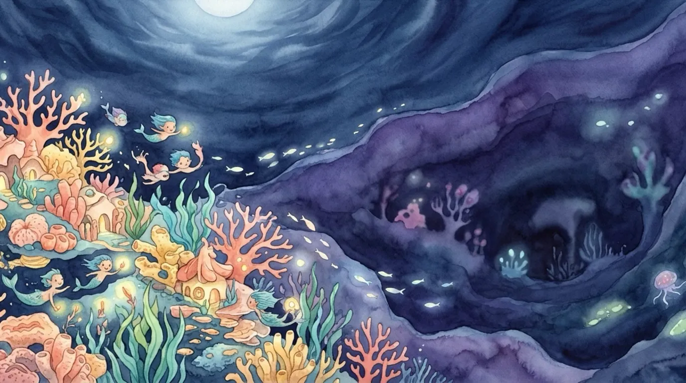 On the bright and busy reef, the little sea-folk played all day among the warm coral and the swaying weeds.