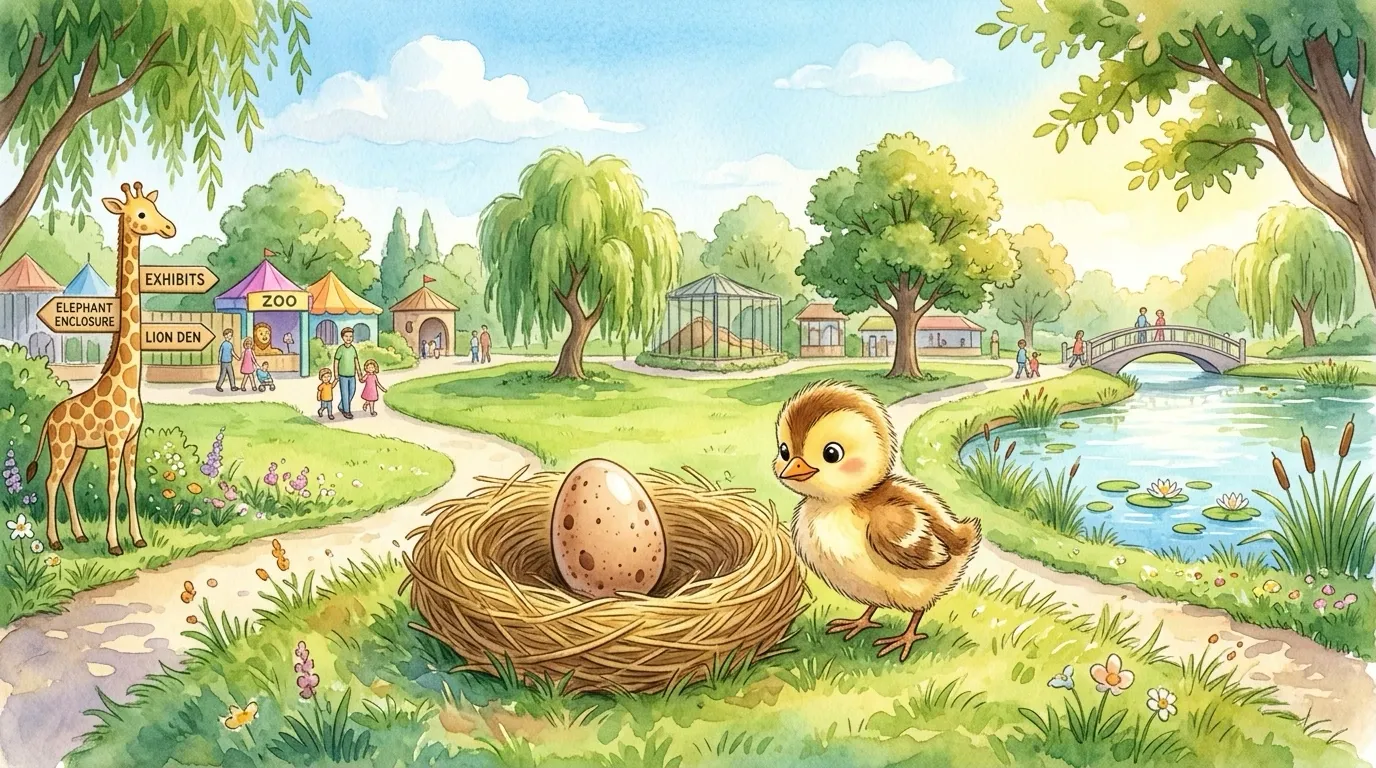 In the sunny zoo, in a cozy round nest, lay one smooth speckled egg. Little Quill the bird waited and waited for the new friend curled up inside.