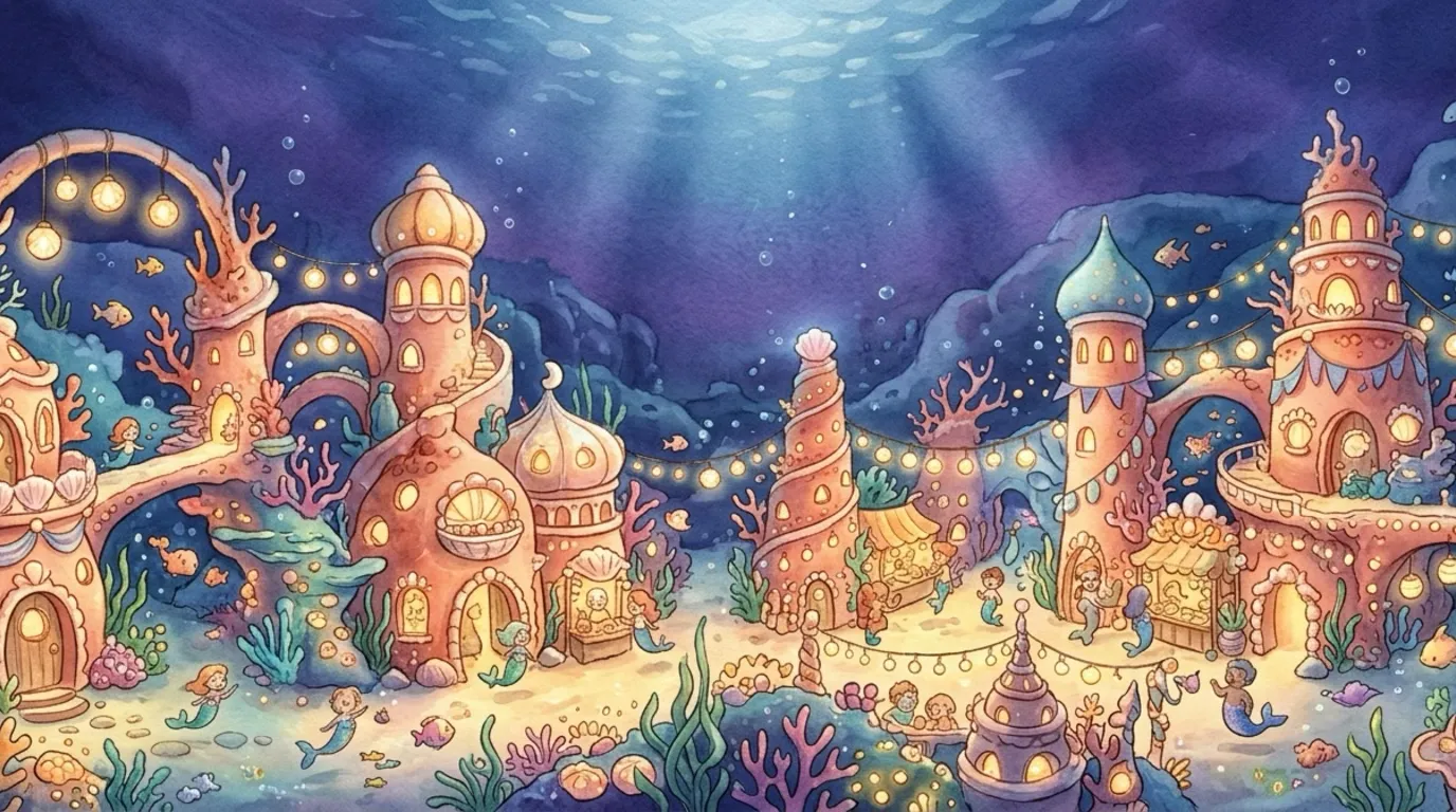 A wide view of Coralbell City, a magical underwater city at night with coral arches, glowing shell windows, pearl lanterns and silver ribbons, getting ready for a parade.