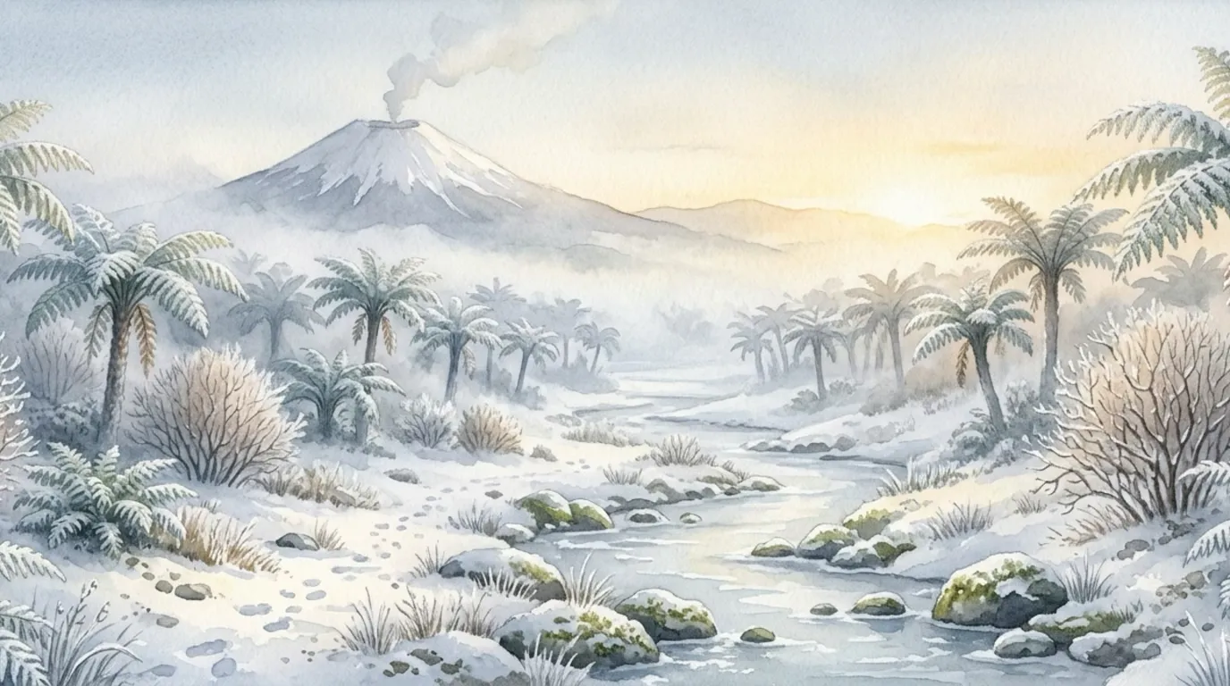 Wide establishing shot: the prehistoric winter valley at misty dawn, frosted ferns, bare bushes, pale mist, a distant snow-dusted volcano; cold and quiet and still.