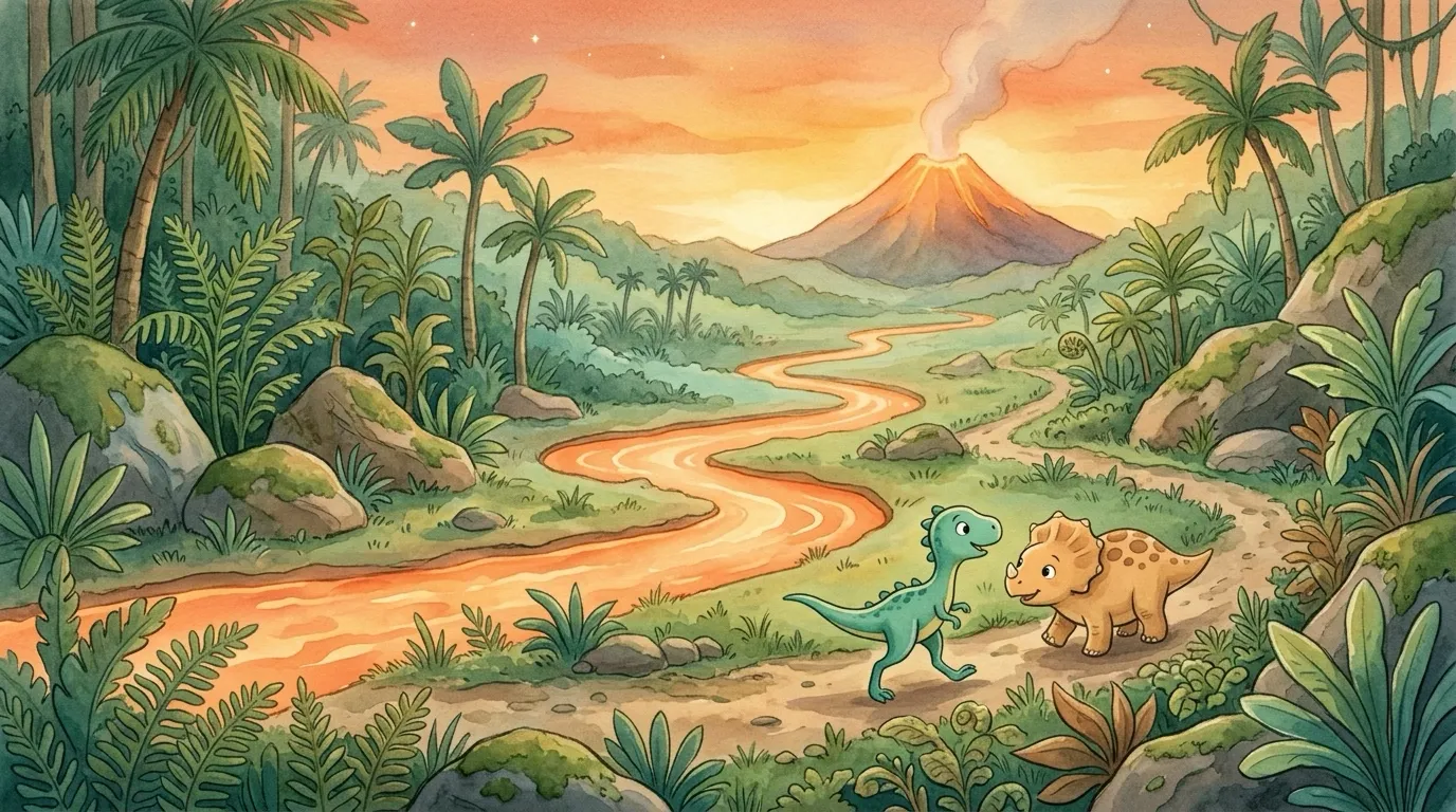 Wide establishing shot at warm sunset: the prehistoric fern valley with the glowing orange lava river winding across, distant smoking volcano; Rex and Bula are small figures standing on the near bank. Sense that night is coming.