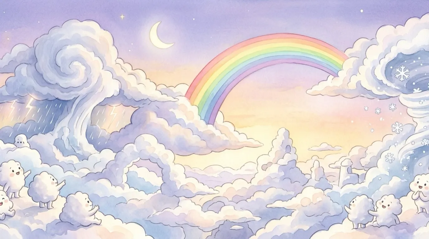 High in the cloud kingdom, the great clouds made grand things — booming storms, sweeping rainbows, swirls of snow — and everyone gazed up in wonder.
