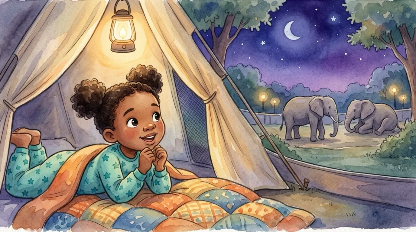 Nora lies awake, excited, in a tent beside the elephant enclosure.