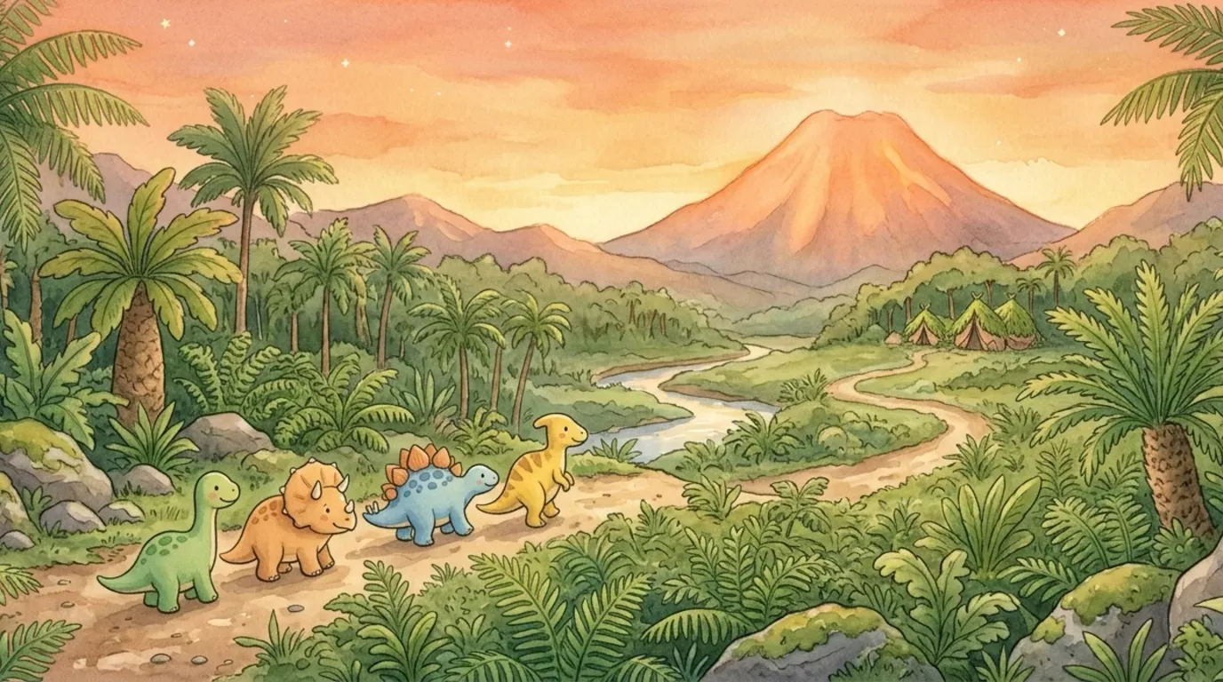As the sky turned amber and the first stars peeped out, a band of little dinosaurs trooped along the path toward home.