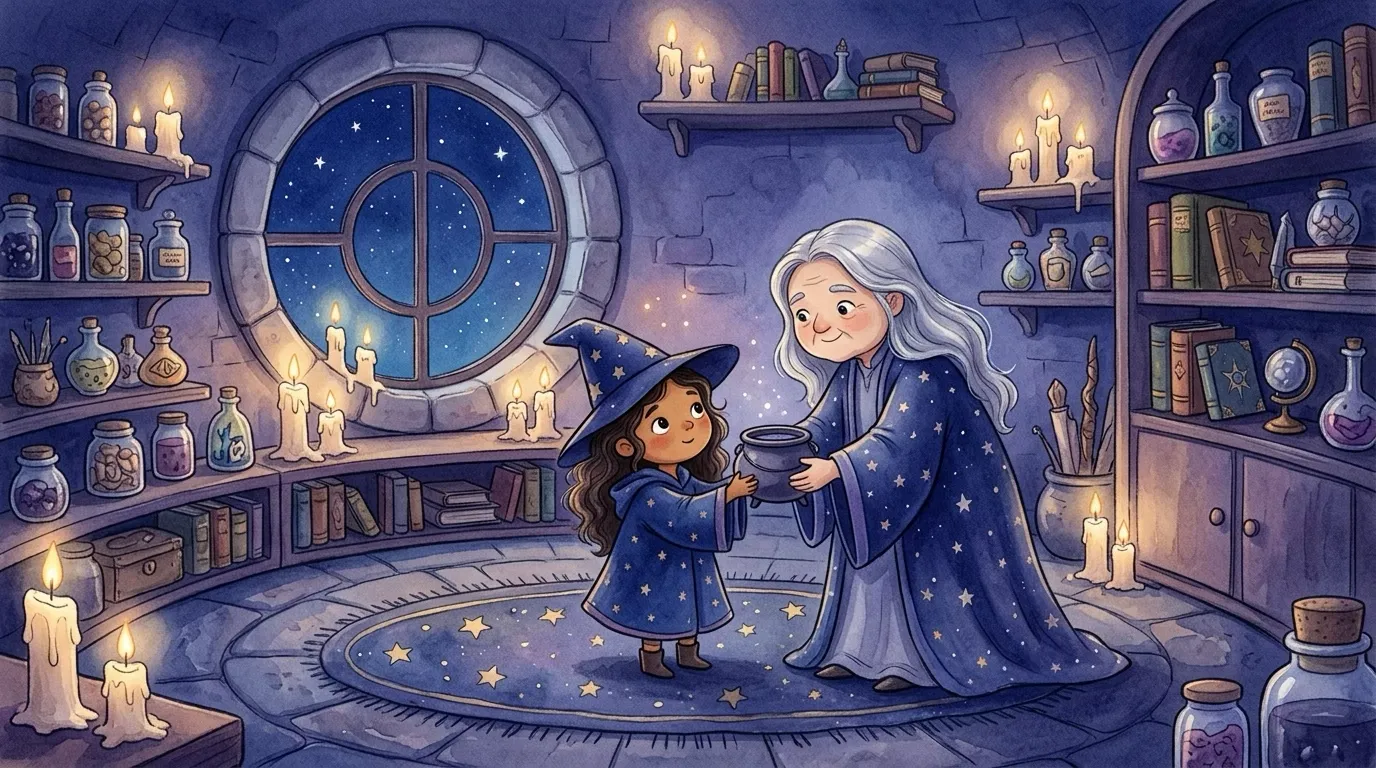 Wide establishing shot of the cozy wizard tower room on a deep-blue starry night, candlelight, a big round star window; the kindly Teacher handing the small lidded cauldron to little Tansy.
