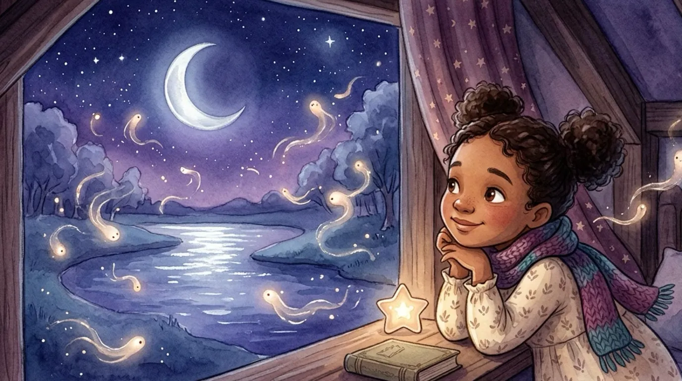 Mira leans on her windowsill, the lake's glow reflected in her eyes.