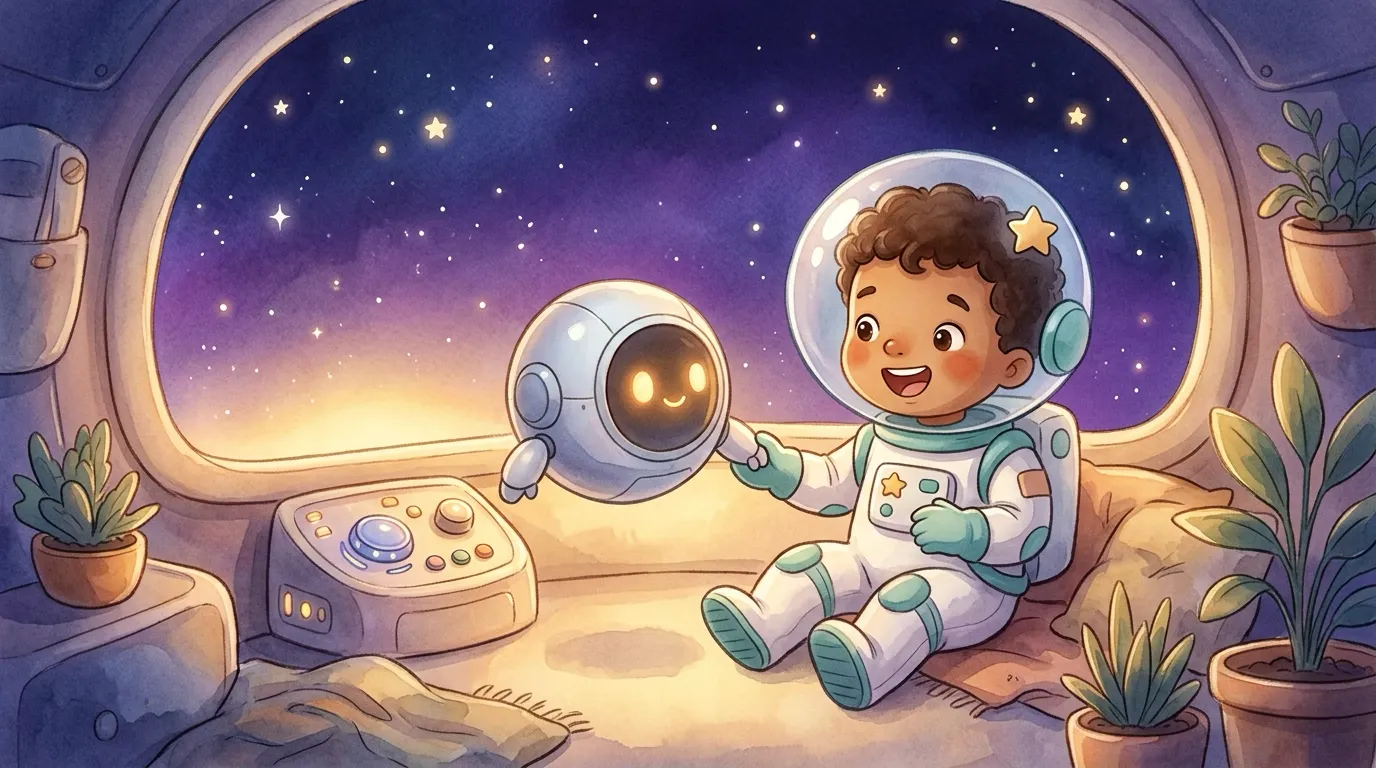 Leo the astronaut boy plays with Bo, his round glowing robot, in the cozy cabin.