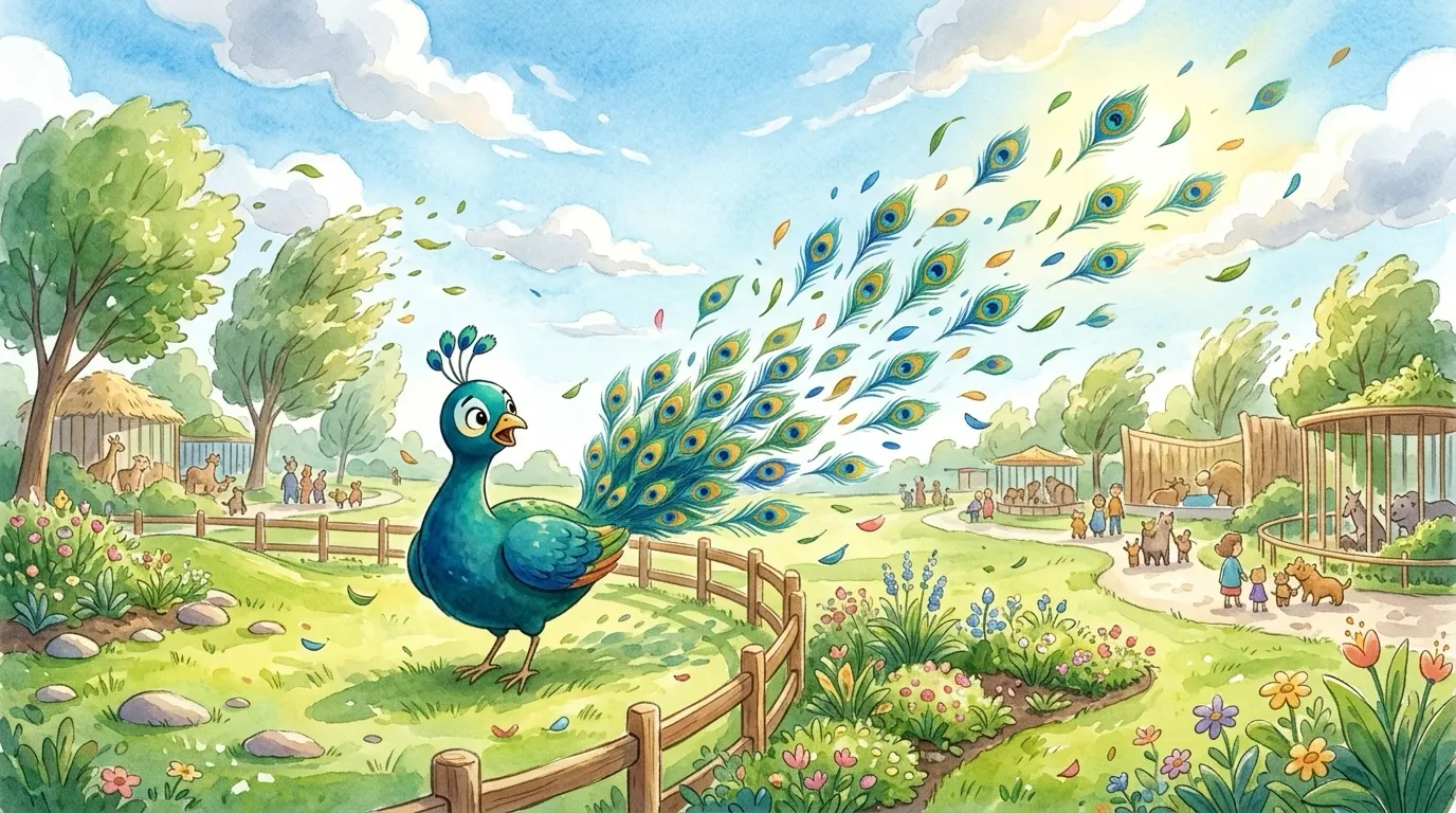 Medium action shot: a great gust of wind whooshing through the zoo, blowing Pavo's bright tail-feathers loose and scattering them across the park; Pavo looking back in surprise.