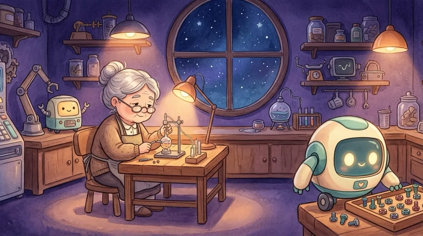 Wide establishing shot of the cozy night-time science lab, warm lamplight pools in deep indigo; the Inventor still working at her bench; in a small corner the tiny robot Bit sorting colorful bolts into tidy rows.