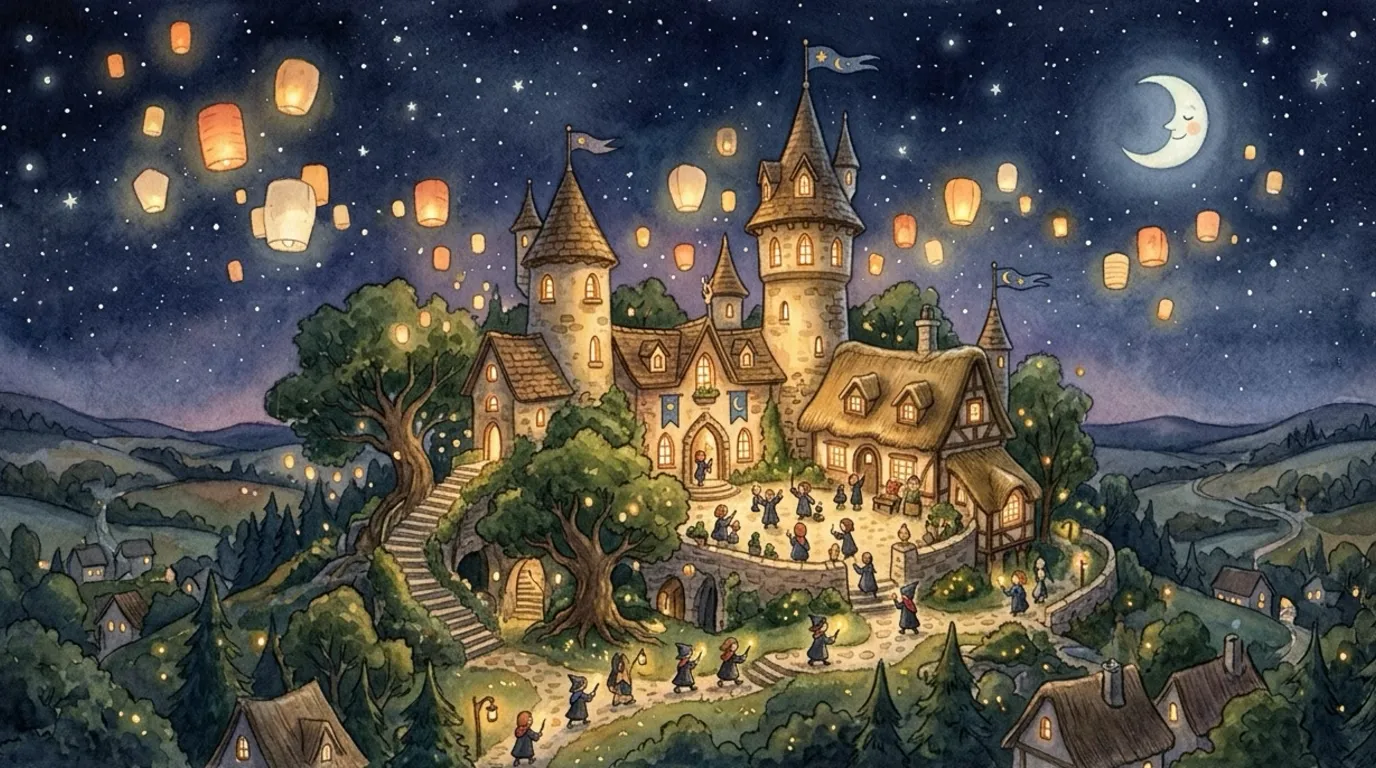 A wizard school of glowing towers on a hill under a starry night sky.