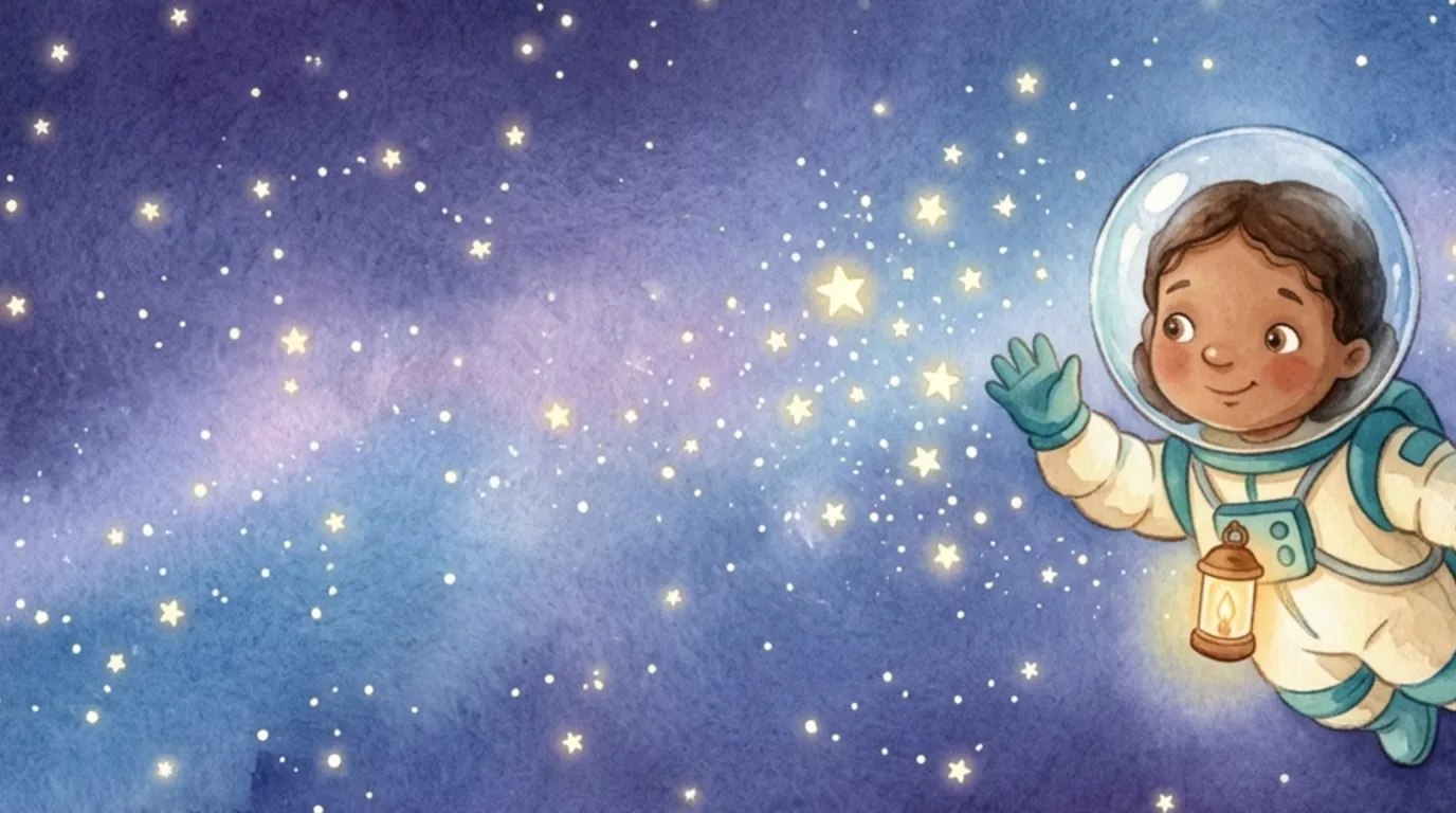 Astra the little astronaut waves hello to the bright twinkling stars all around her.