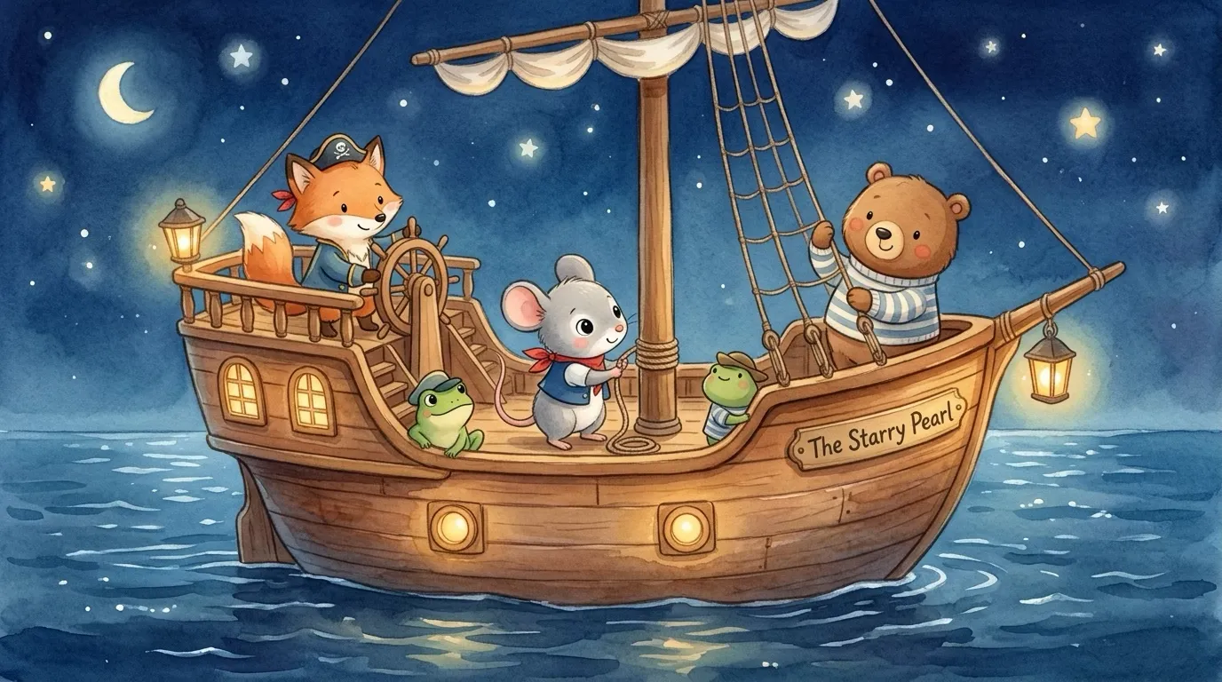 As the sky turned deep and starry, the little pirate ship rocked gently on the evening sea, its small crew busy at their work.