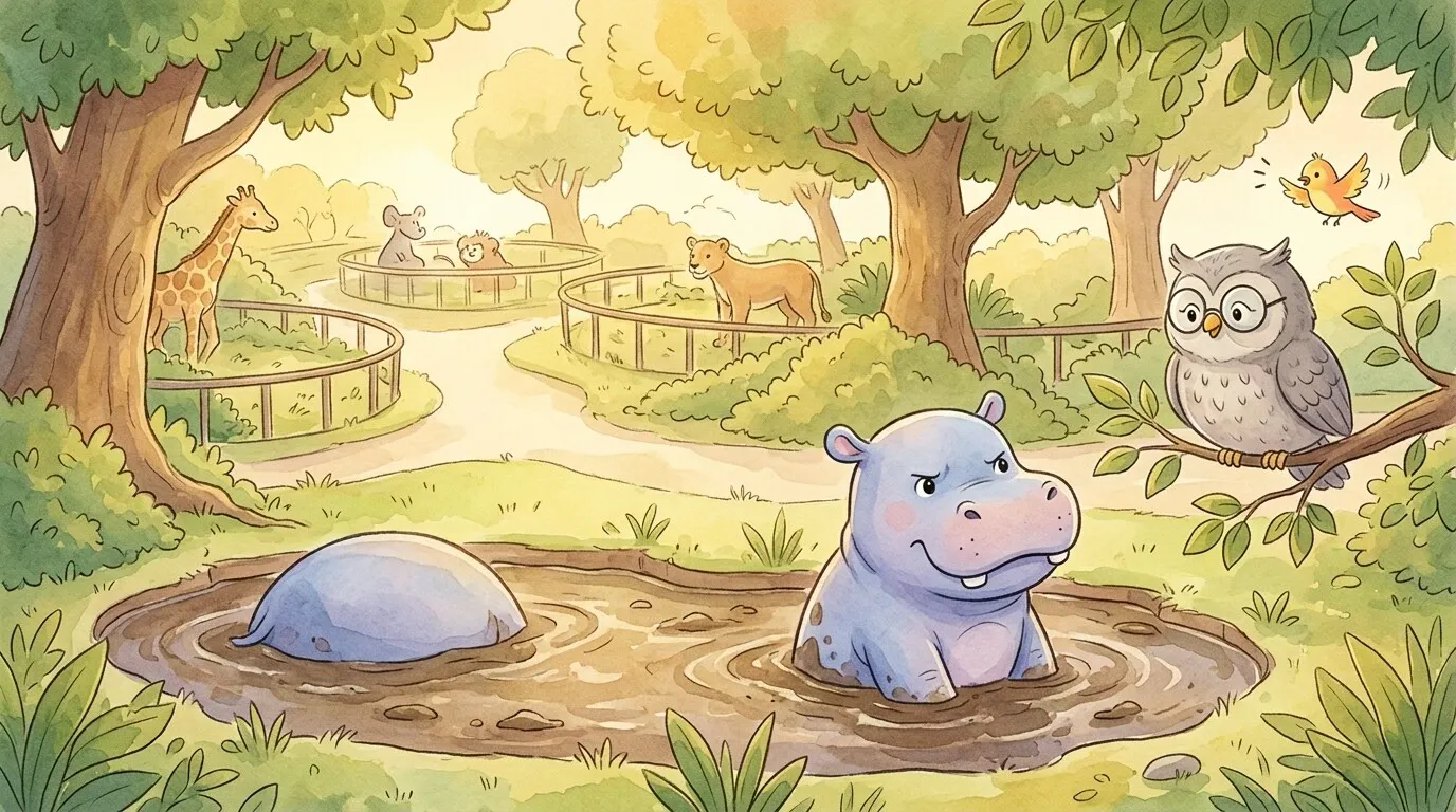 A wide establishing shot of the zoo at sunrise — animals stretching and waking across their leafy enclosures, while Hugo the hippo sits half-sunk in his muddy pool with a grumpy frown.