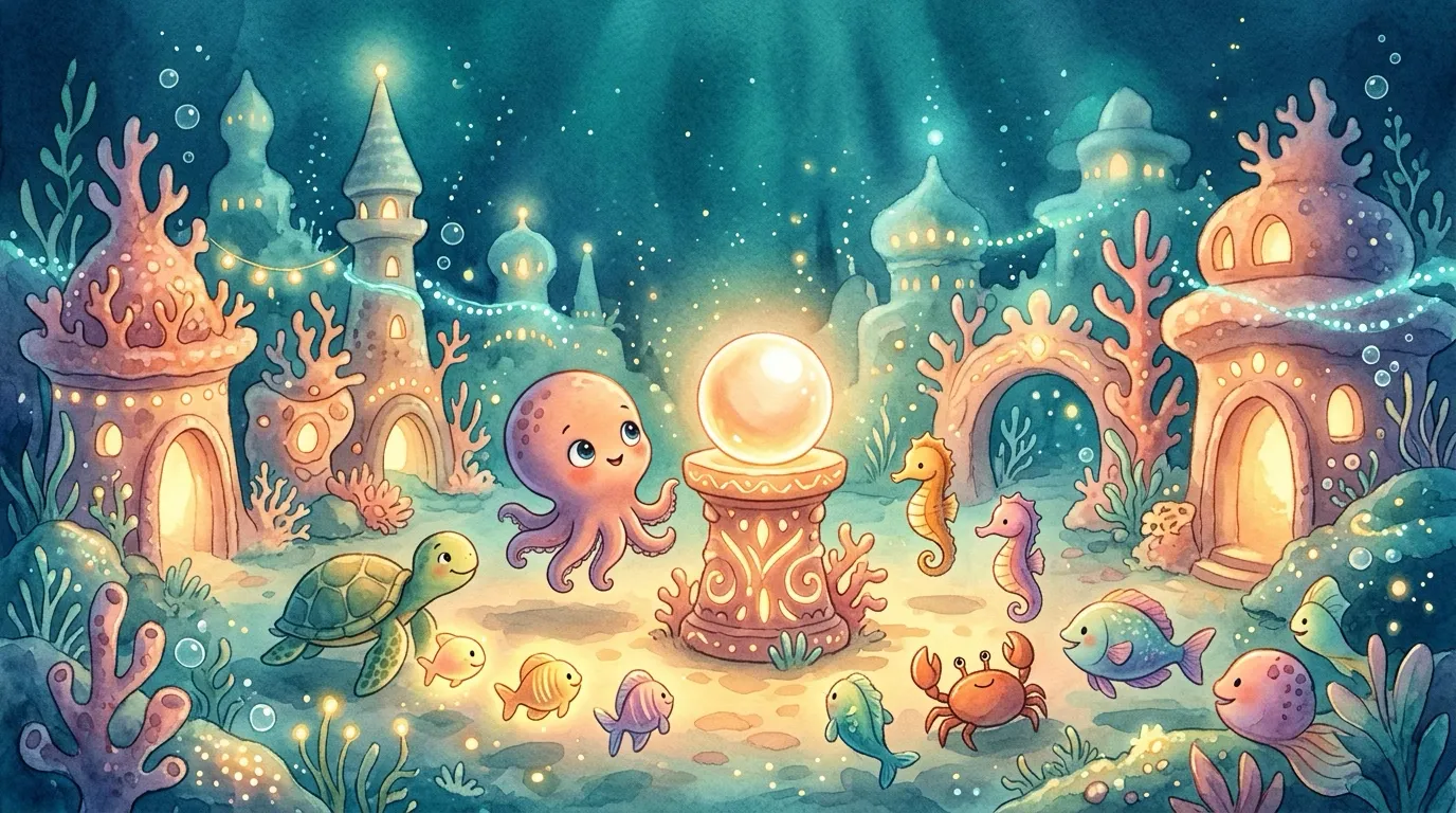Otto the octopus gazes up at the glowing pearl as sea neighbors gather.