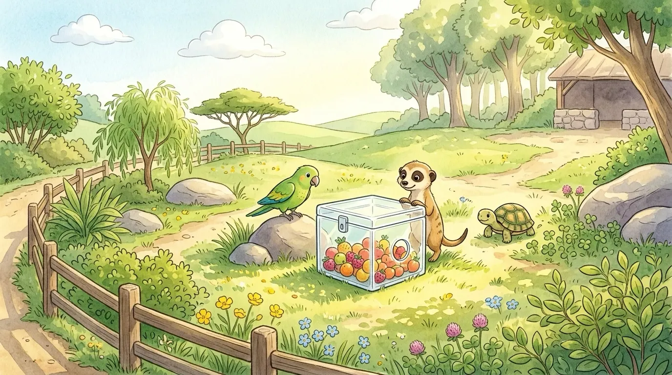 Wide establishing shot, bright sunny morning: the cheerful zoo enclosure; in the center a clear puzzle treat-box packed full of colorful fruit treats; a few small friendly zoo animals (a little parrot, a small meerkat, a baby tortoise) leaning in to look. Remy is rushing in fastest of all. Bright and inviting.
