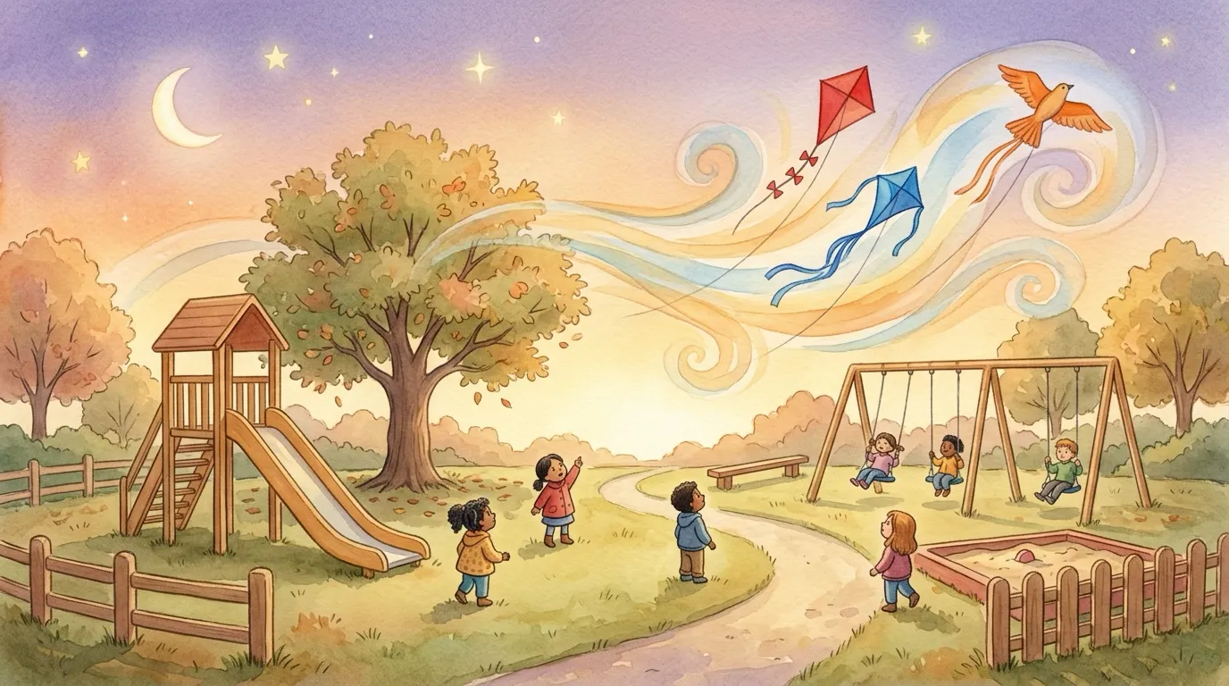 A wide view of Maple Park at warm golden dusk on a windy evening — a wooden slide, swings, a big leafy tree and a low fence — with several colorful kites dancing high above the trees as the first star and a gentle moon rise.