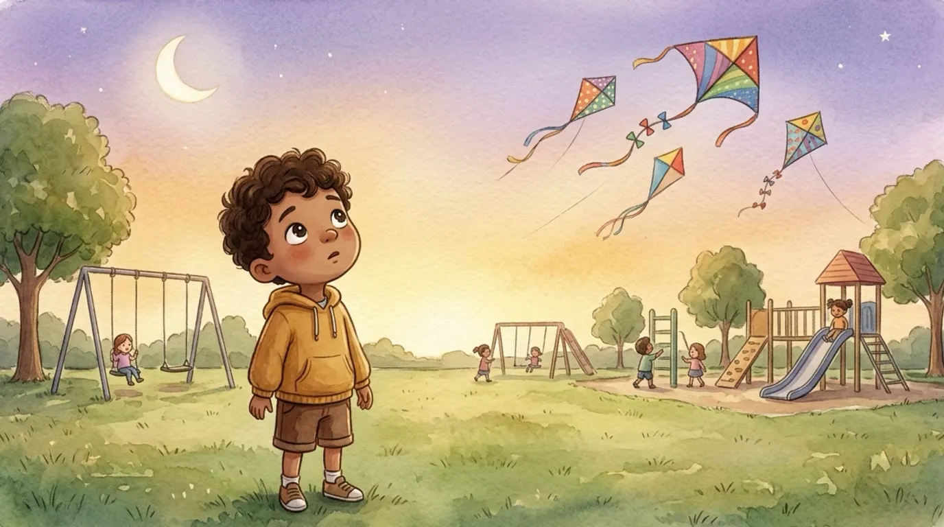 Pip, a boy in a mustard-yellow hoodie and brown shorts, stands on the grass and gazes up longingly at the colorful kites high in the sky, wishing he had one of his own.